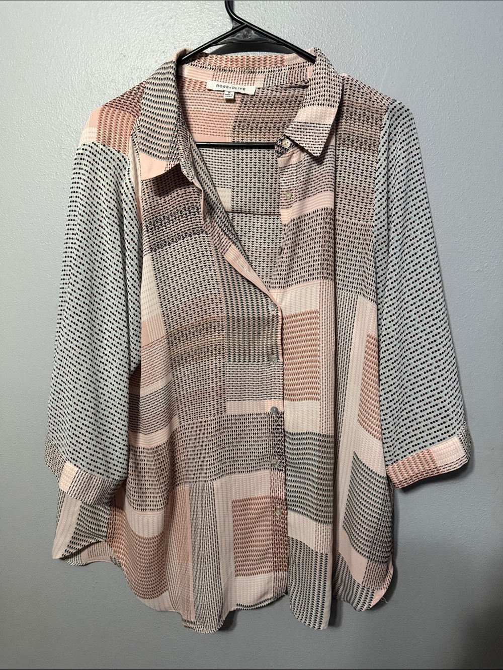 Rose & Olive Pink and Gray Patchwork Button-Down Blouse